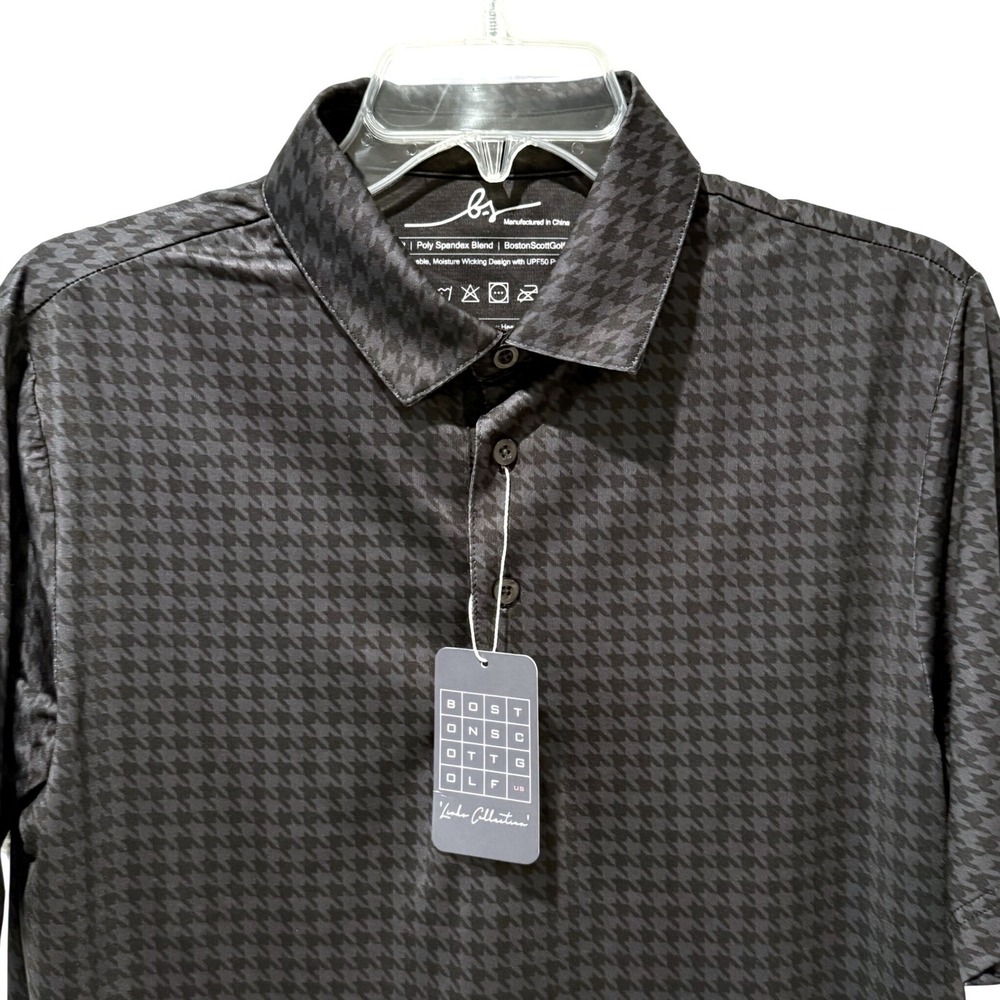 Boston Scott Golf Polo Shirt Mens Small‎ Black Houndstooth Modern Fit Golf NEW